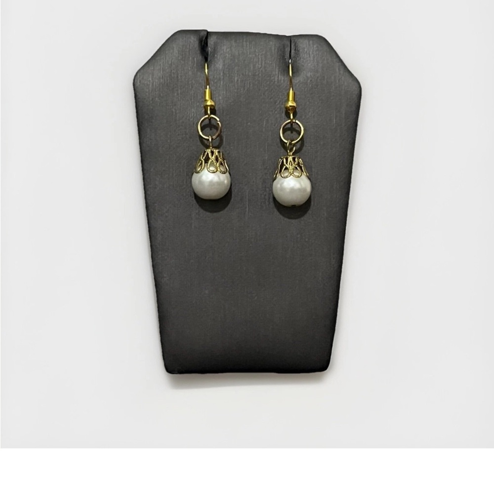 Handmade 18k Gold Plated Faux Pearl Dangle Drop Earrings.